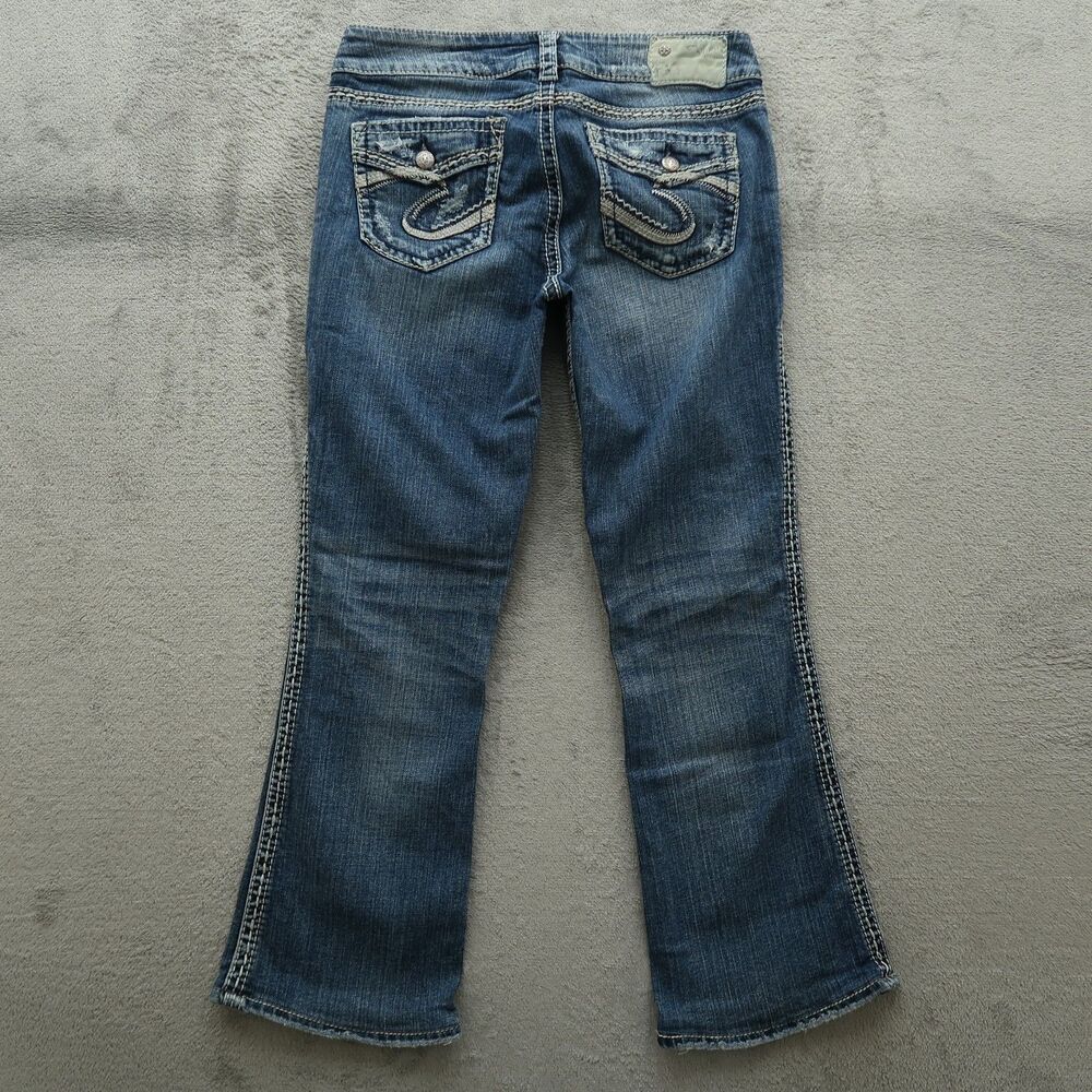 Silver Jeans Women's Size 29 Low-Rise Suki Flap Bootcut 27" Inseam Distressed